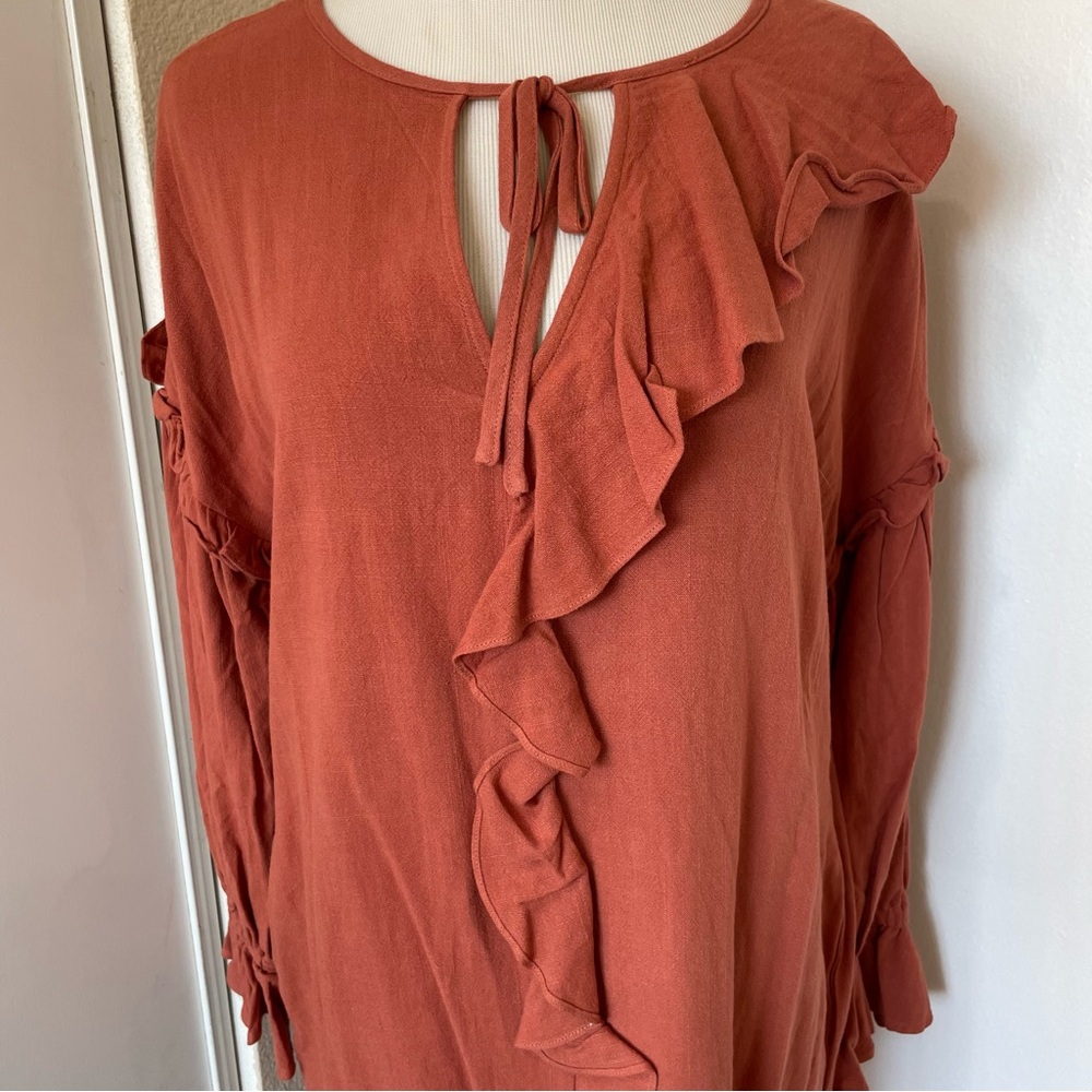 Linen Blend Rust Ruffle Long Sleeve Dress - Picture 2 of 7